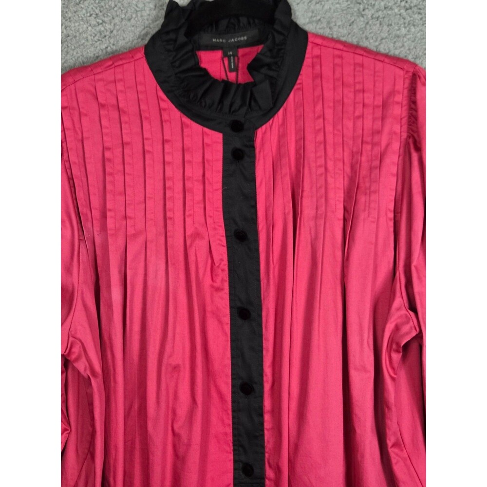 Marc Jacobs Pintuck Shirt Dress Pink Black Pleated 14 High Neck Ruffle Tunic LS - Picture 3 of 11